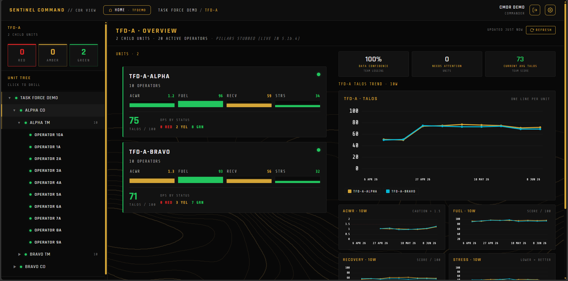 SENTINEL COMMAND — company drill-down with team tiles and echelon tree
