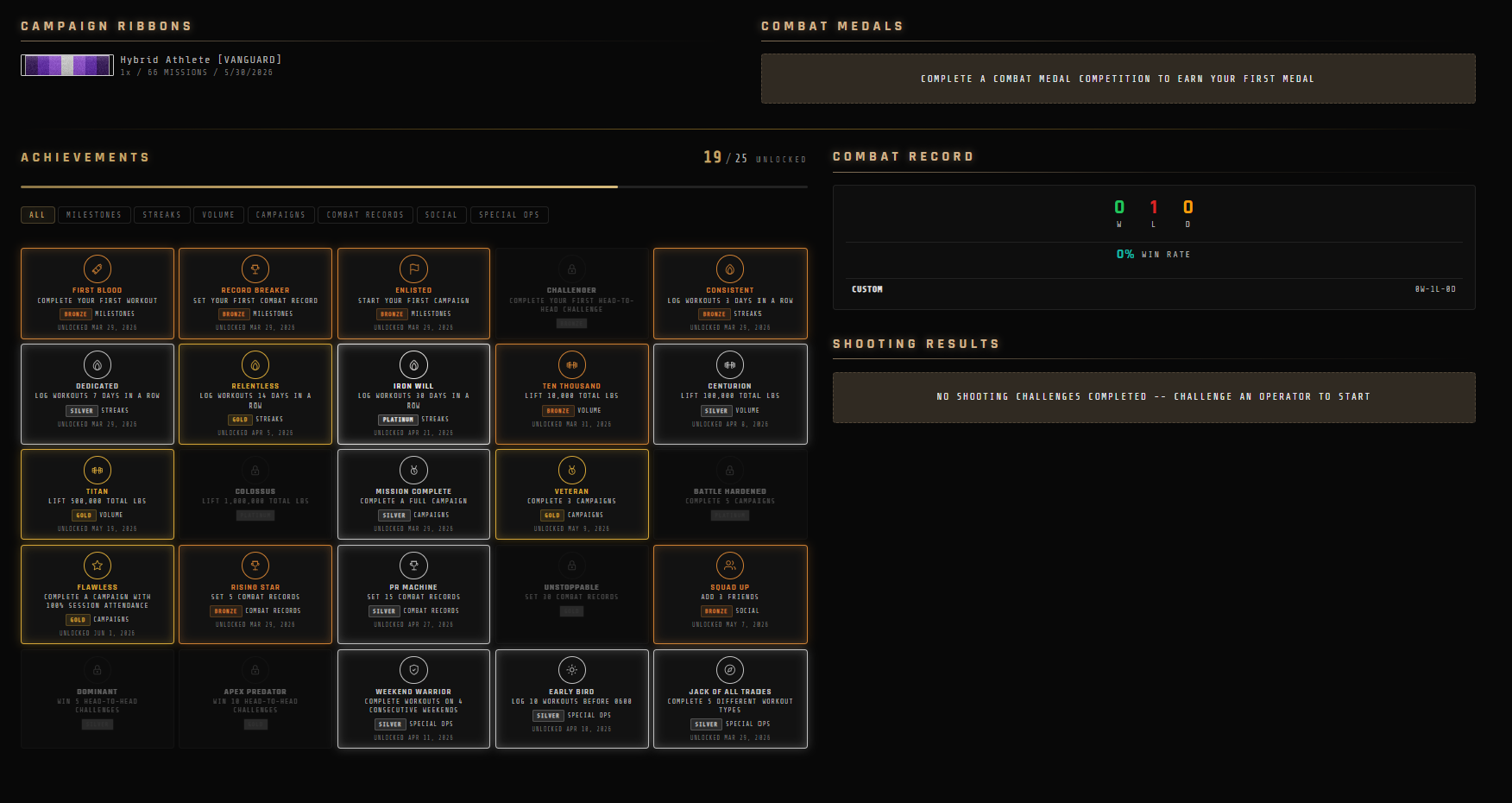Awards & Achievements — campaign ribbons, combat medals, achievement grid