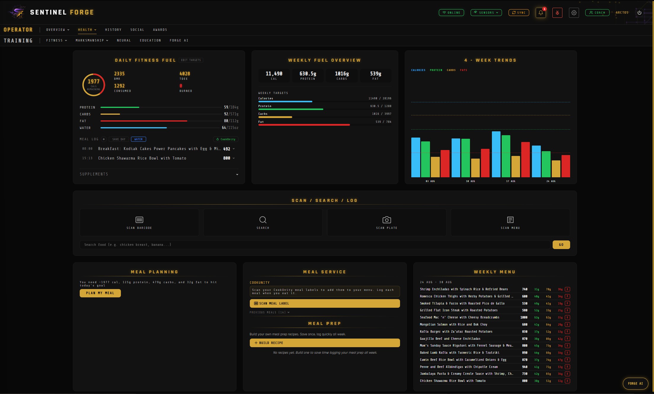 Nutrition — daily fuel targets, weekly macro overview, four-week trends, barcode and plate scanning